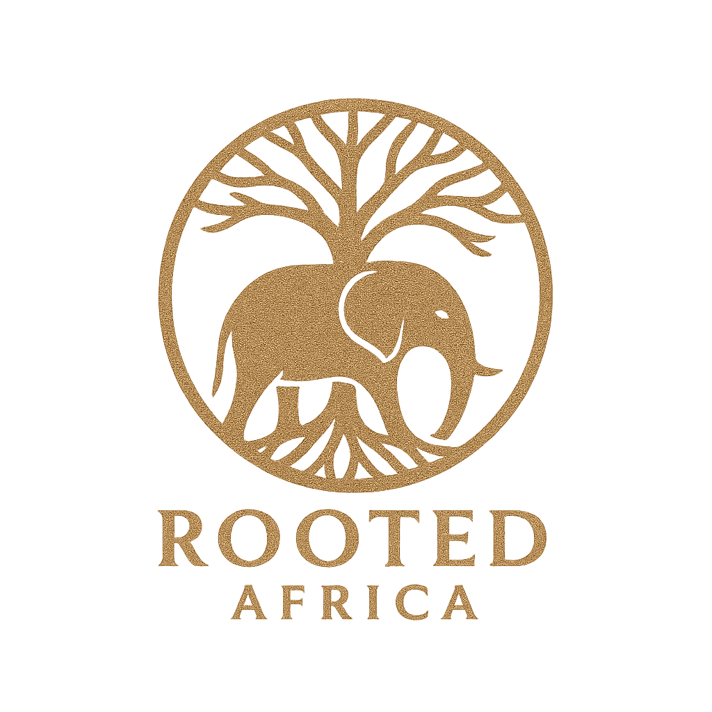 Golden elephant standing infront of a treeof life in a circle in gold on a white background